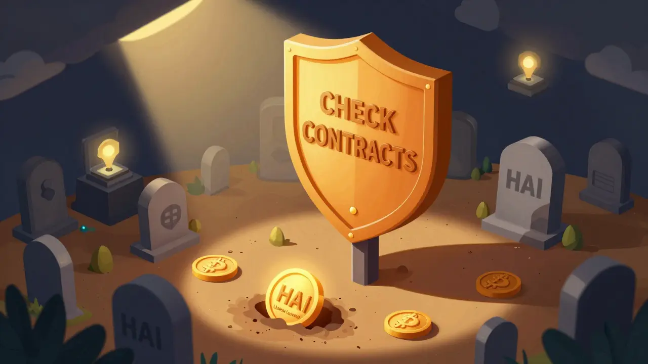 Предупреждающий щит над могилой токена HAI с надписью 'Проверяйте контракты'.