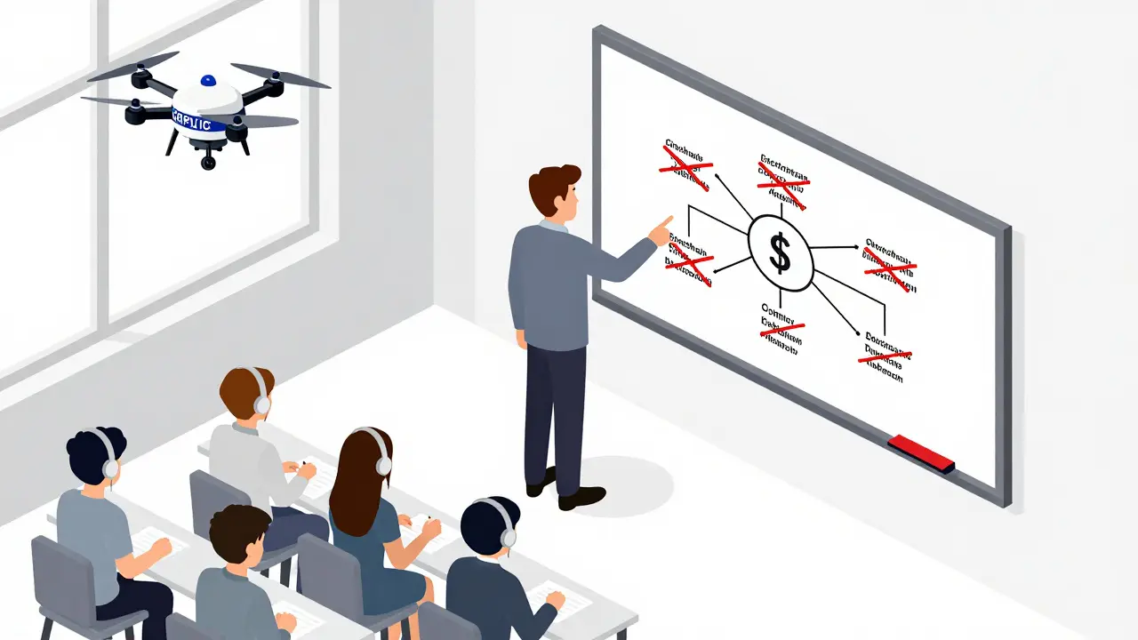Преподаватель объясняет блокчейн, но криптовалюты запрещены на доске.