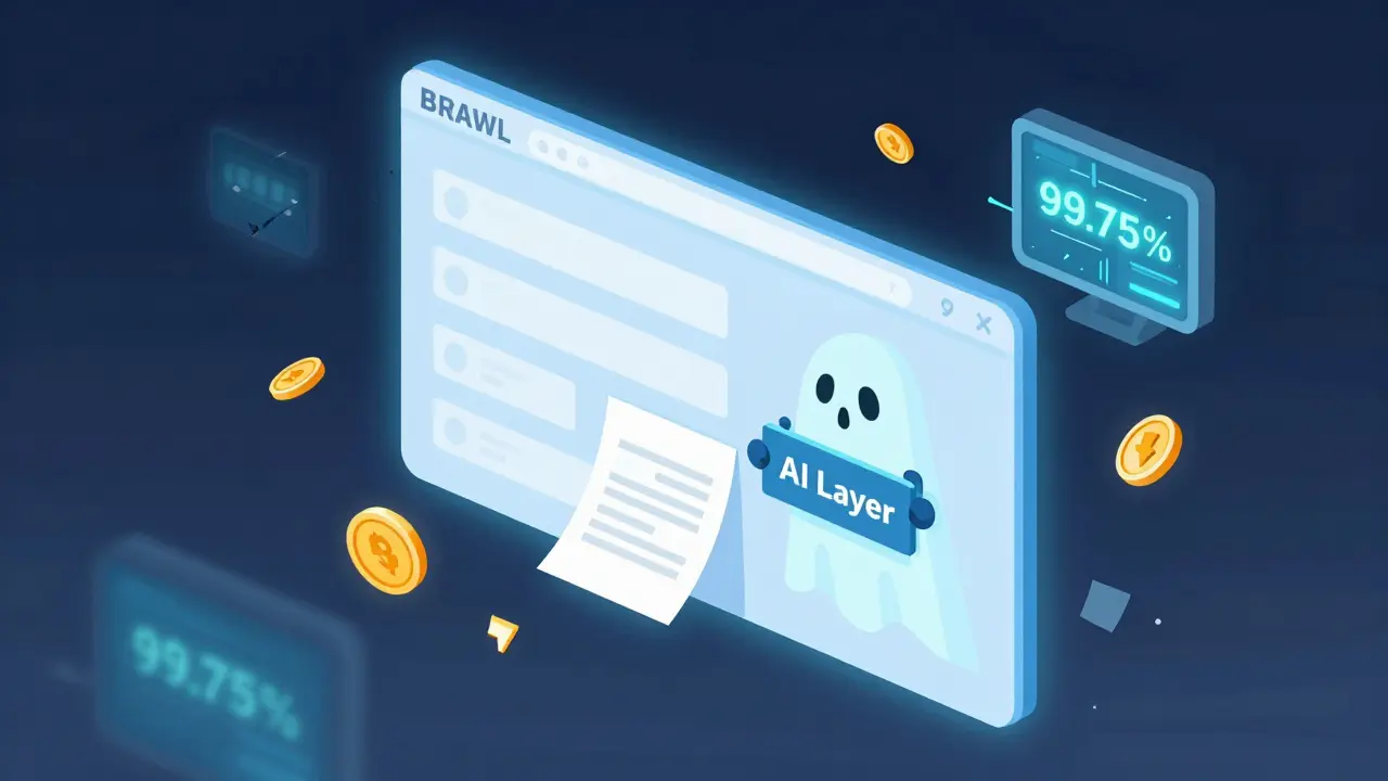 Призрачный веб-сайт BRAWL в пустоте с мёртвым роботом и будущими датами на сломанных мониторах.