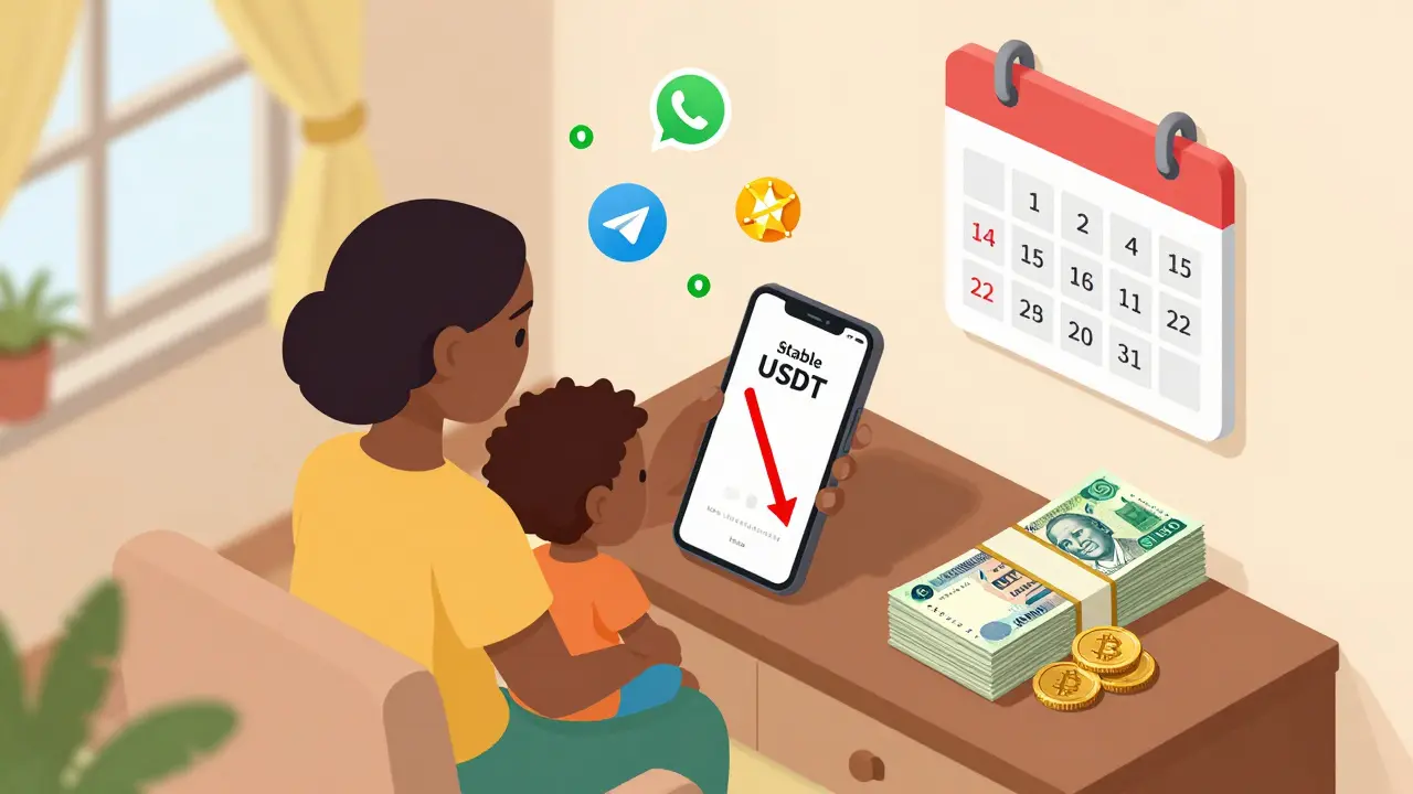 Семья в доме смотрит на телефон: нaira обесценивается, а USDT остаётся стабильным, на стене — календарь инфляции.