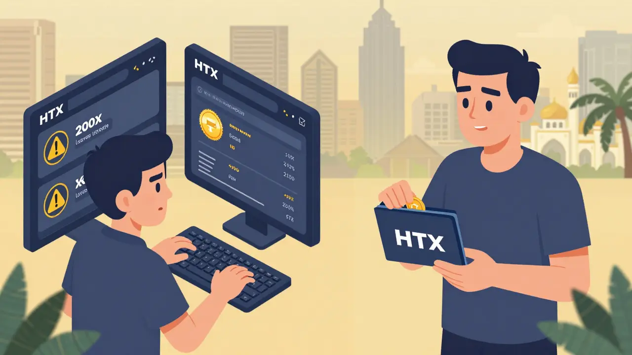 Сравнение новичка и опытного трейдера на интерфейсе HTX с левереджем и спот-торговлей.