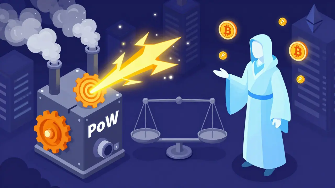 Сравнение Proof of Work и Proof of Stake в виде борьбы между массивной майнинг-фермой и элегантным валидатором.