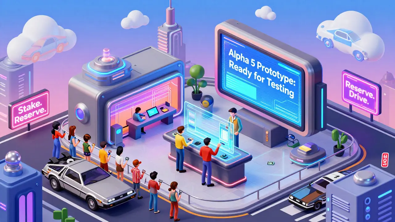 Штаб DeLorean Labs: сотрудники и клиенты ждут свои зарезервированные автомобили в ретро-будущем городе.