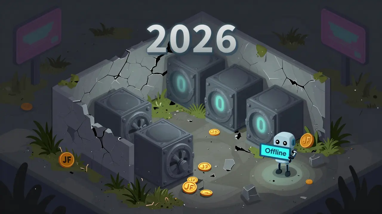 Заброшенный DeFi-хаб в 2026 году: сломанные токены JF и пустые вaults в руинах цифрового мира.