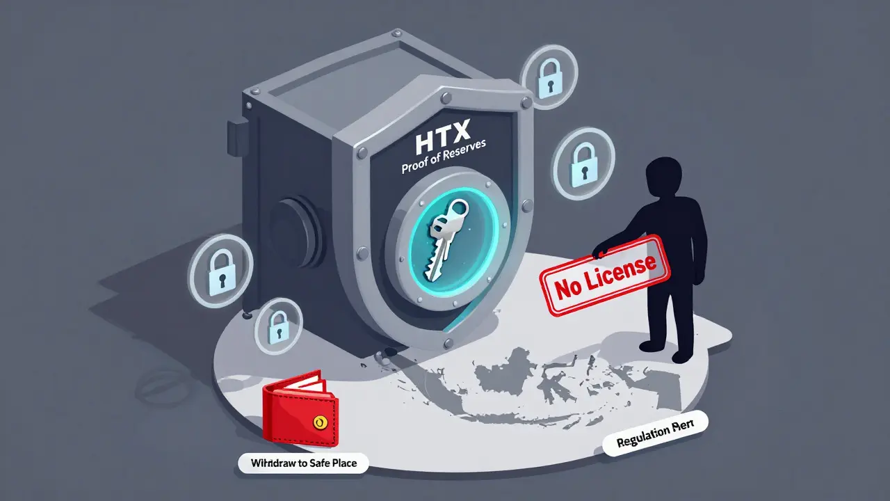Защита активов HTX через холодные кошельки и отсутствие лицензии в Индонезии.