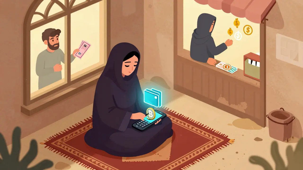 Женщина в бурке принимает криптовалюту на старый телефон, спрятанный под ковром, в тайне от властей.