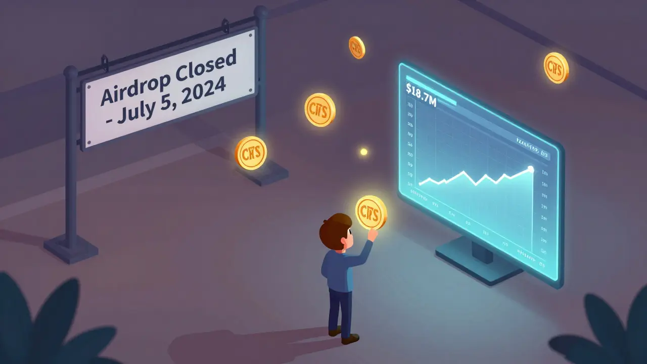 An empty airdrop terminal with drifting CRTS tokens and a rising price graph in twilight light.