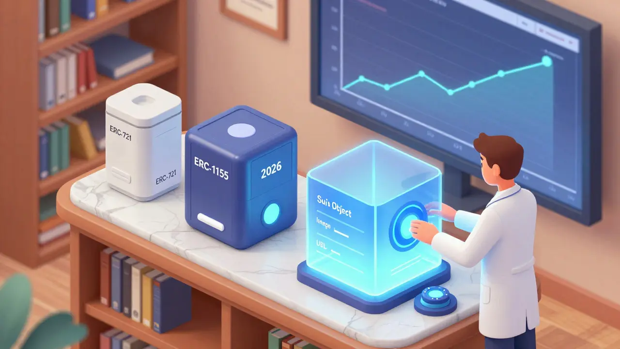 Библиотека NFT-стандартов: ERC-721, ERC-1155 и Sui Object Display в виде объектов в футуристическом пространстве.