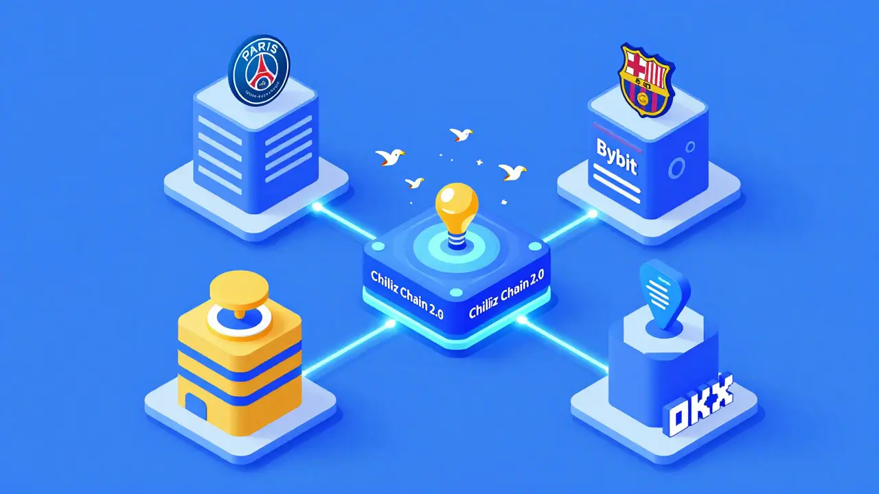 Блокчейн Chiliz соединяет биржи и футбольные клубы через токены в изометрической иллюстрации.