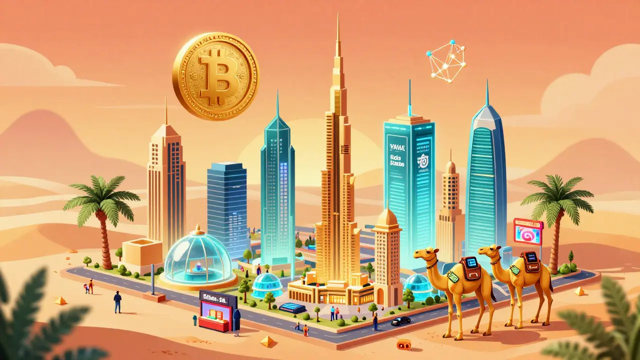 Дубай в изометрическом стиле с крипто-зонами, голограммами и оплачивающими криптовалютой магазинами.