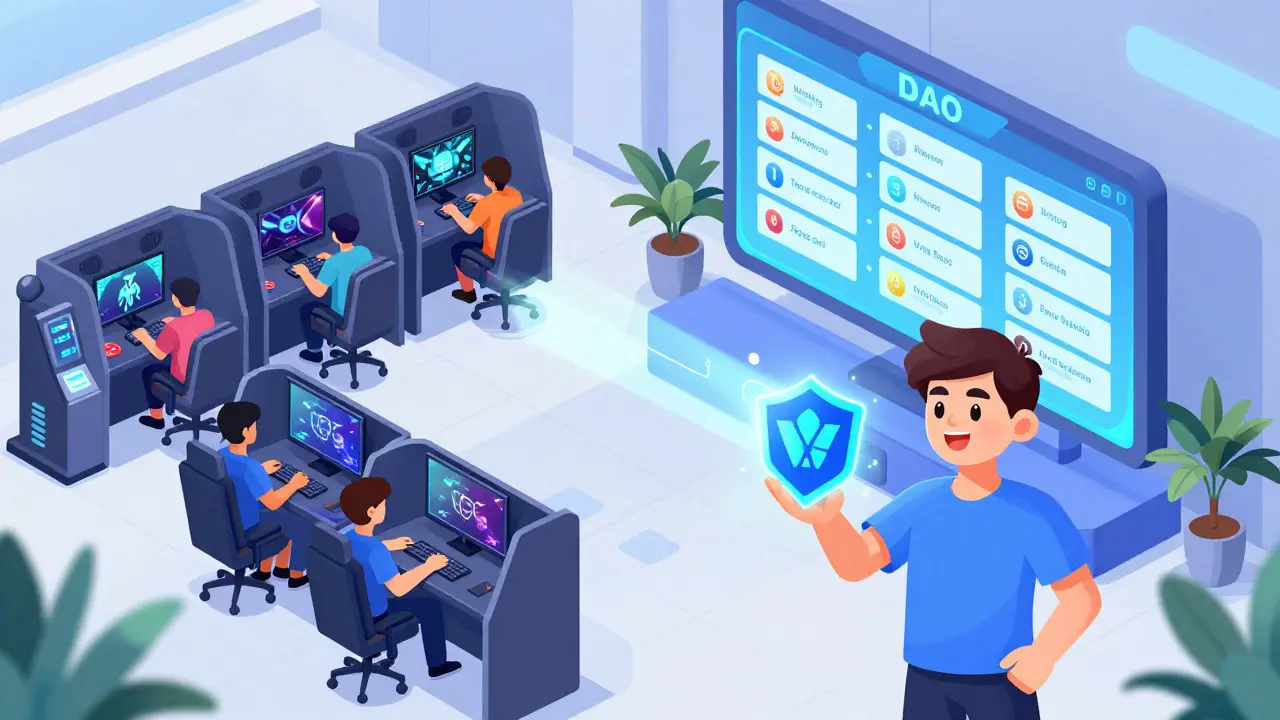 Футуристический отель-киберспорт-центр, где игроки арендуют NFT и участвуют в голосовании DAO через интерактивные экраны.