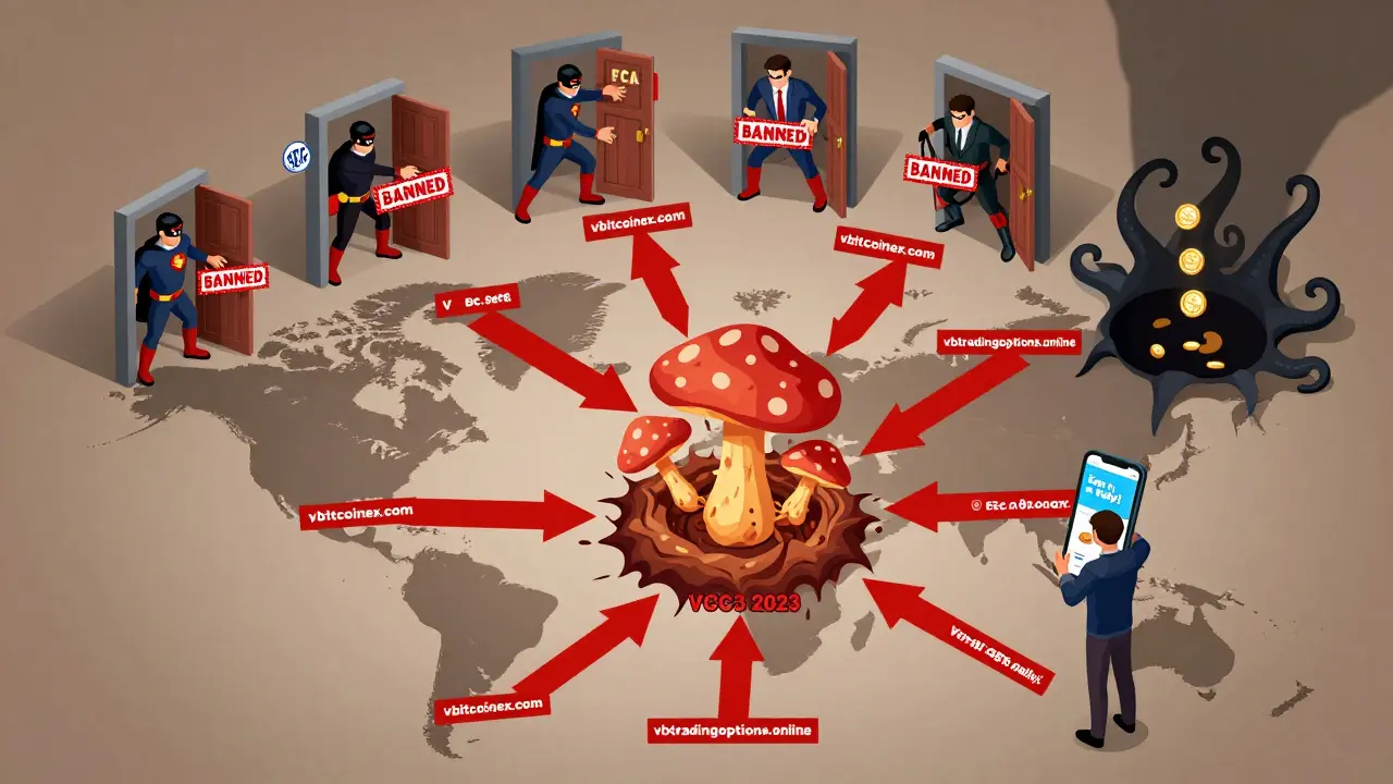 Глобальная карта с красными предупреждениями, указывающими на фейковые сайты VB, растущие из преступного гнезда, подавленные регуляторами.