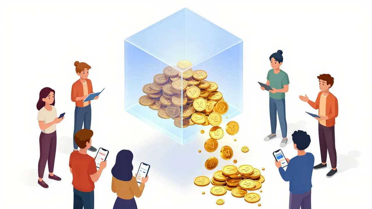 Golden CRTS tokens cascading from a blockchain cube toward diverse users in a community scene.