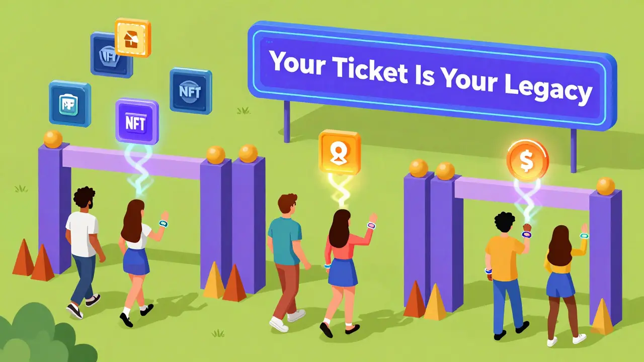 Гости фестиваля в светящихся браслетах проходят через три входа, над ними — цифровые награды и надпись 'Ваш билет — ваша история'.