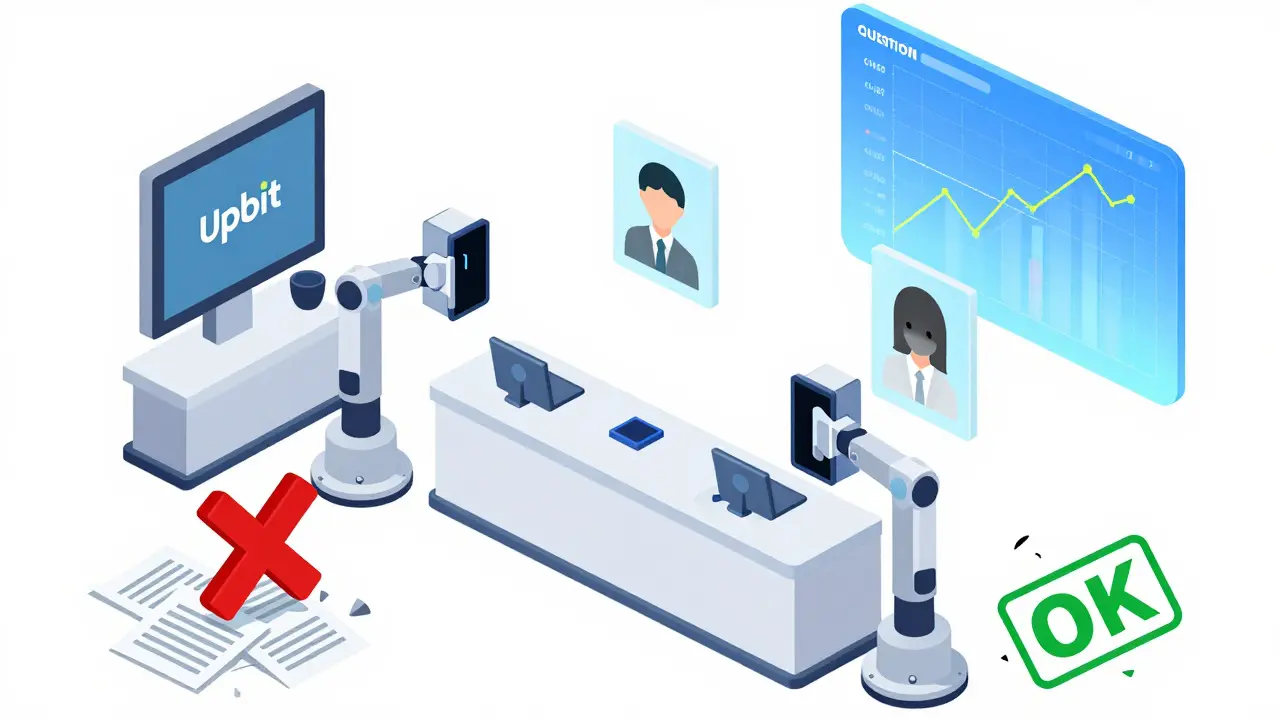 Иллюстрация неудачной проверки KYC с размытыми паспортами и сломанными сканерами.