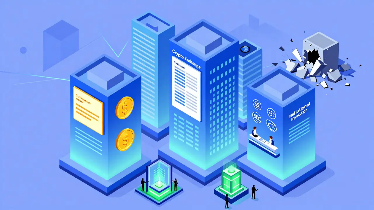 Изометрическая иллюстрация финансового города с лицензированными криптоплатформами и резервами стабильных монет.