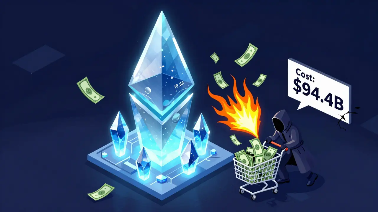 Изометрическая иллюстрация: хакер пытается купить 51% ETH в сети Ethereum, но цена растёт, а затраты становятся нереалистичными.