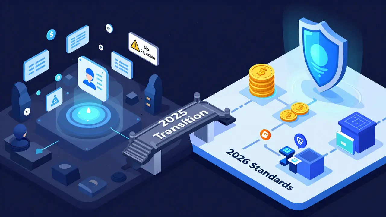 Изометрическая иллюстрация контраста между хаотичным DeFi и упорядоченным регулируемым будущим.
