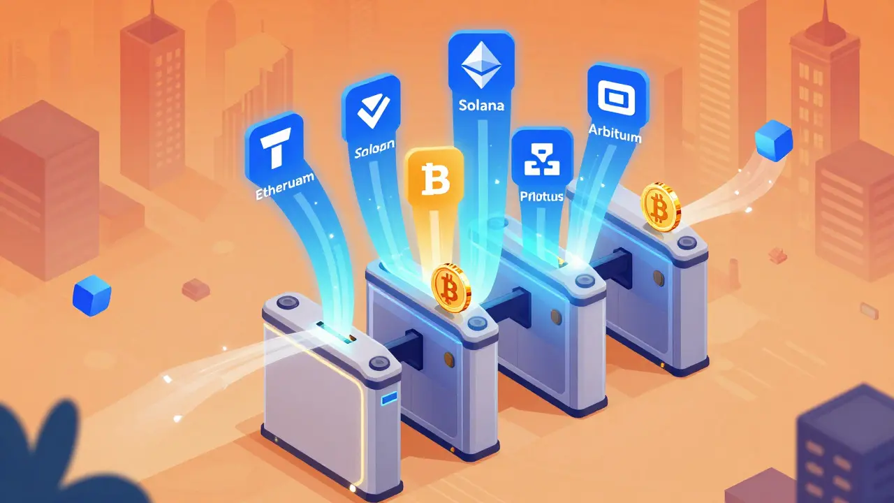 Изометрическая иллюстрация: мультицепной шлюз превращает биткоины в токены BOB, направляя их в разные блокчейны.