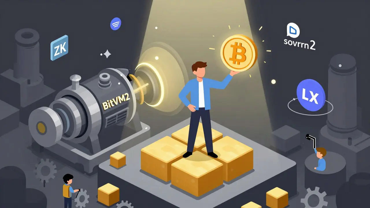 Изометрическая иллюстрация: пользователь стоит на биткоин-платформе, держа токен BOB, вокруг — BitVM2 и децентрализованные финприложения.