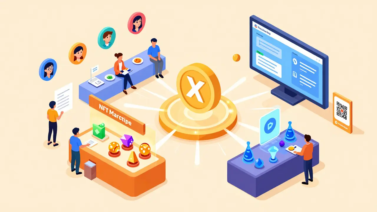 Изометрическая сцена экосистемы Torum: пользователи зарабатывают баллы, торгуют NFT и взаимодействуют с токеном XTM в едином цифровом пространстве.