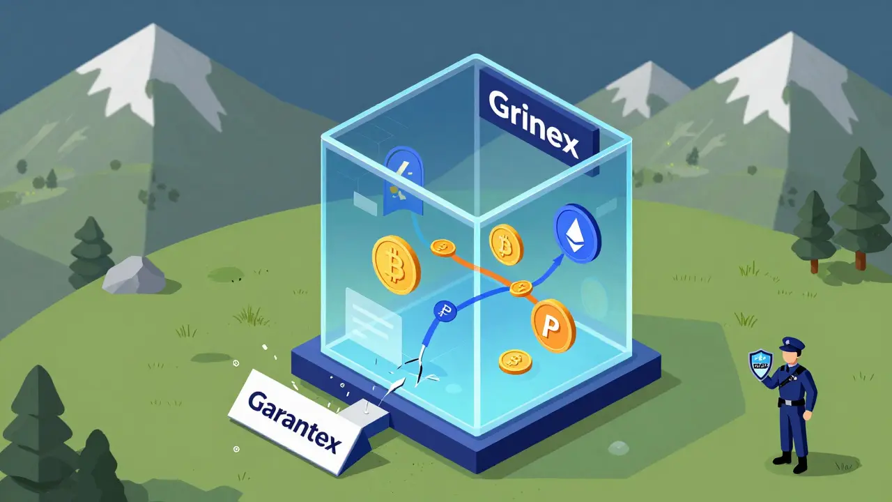 Криптовалютная биржа Grinex в горах Кыргызстана, принимающая рубли и выводящая доллары через блокчейн.