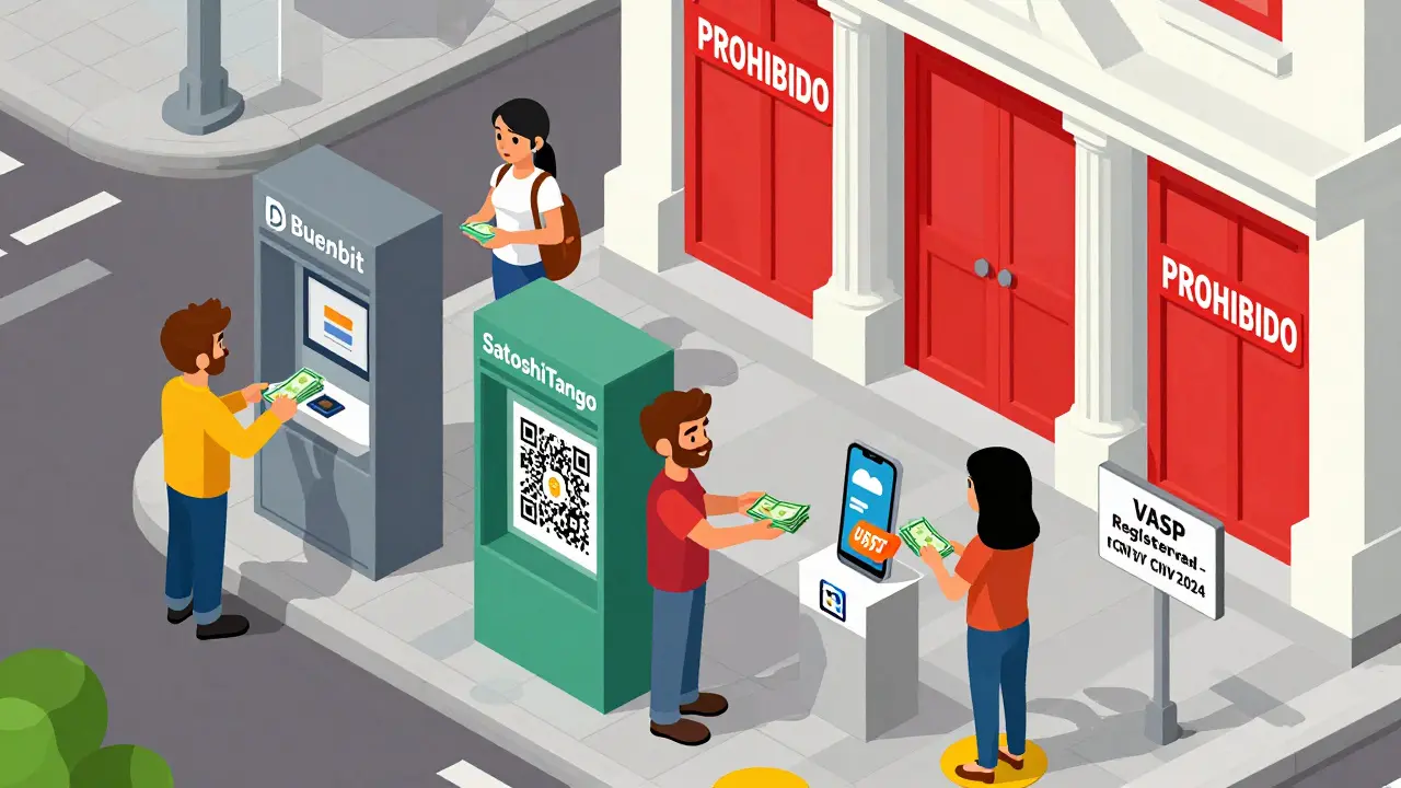 Люди обменивают наличные на стейблкоины через легальные P2P-терминалы в Буэнос-Айресе, банки закрыты.