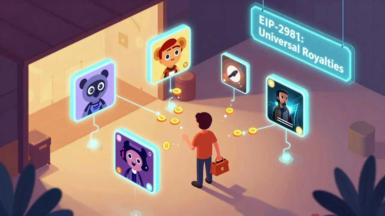 Независимый создатель получает роялти от NFT, используемых в играх и фильмах, в изометрической иллюстрации.