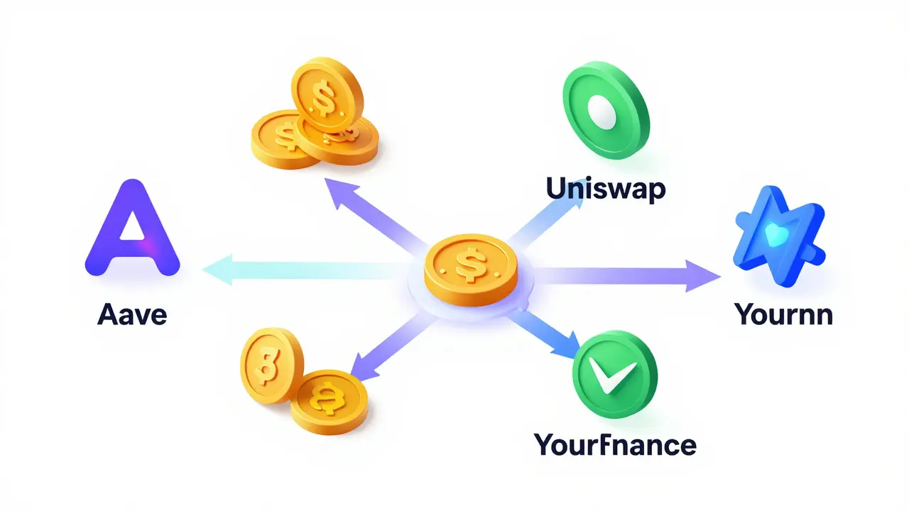 Пользователь перемещает токены между протоколами Aave, Uniswap и Yearn Finance.
