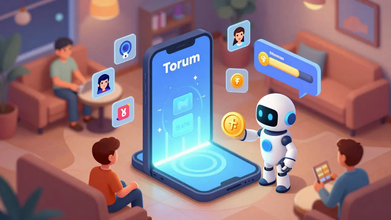 Пользователь подключает кошелек к Torum, получает 15 XTM в подарок, а вокруг него появляются иконки ключевых функций платформы.