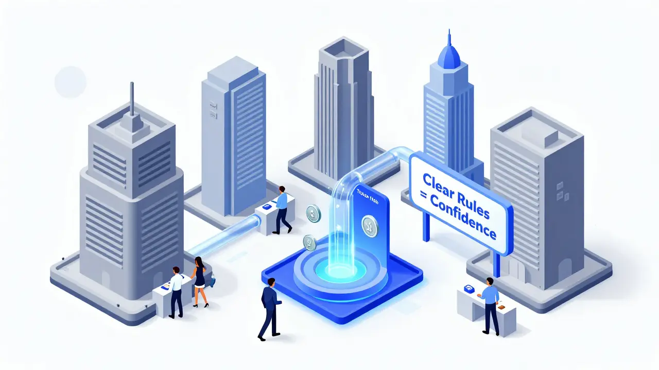 Сингапур с трёхуровневыми лицензиями и центром доверия в изометрическом стиле.