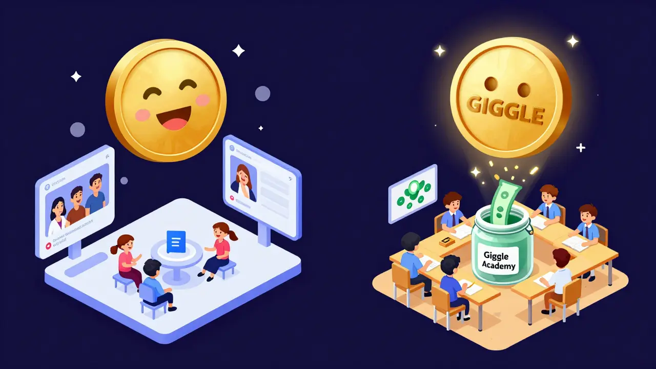 Сравнение двух токенов: GIGGLES для соцсети и GIGGLE для благотворительности.