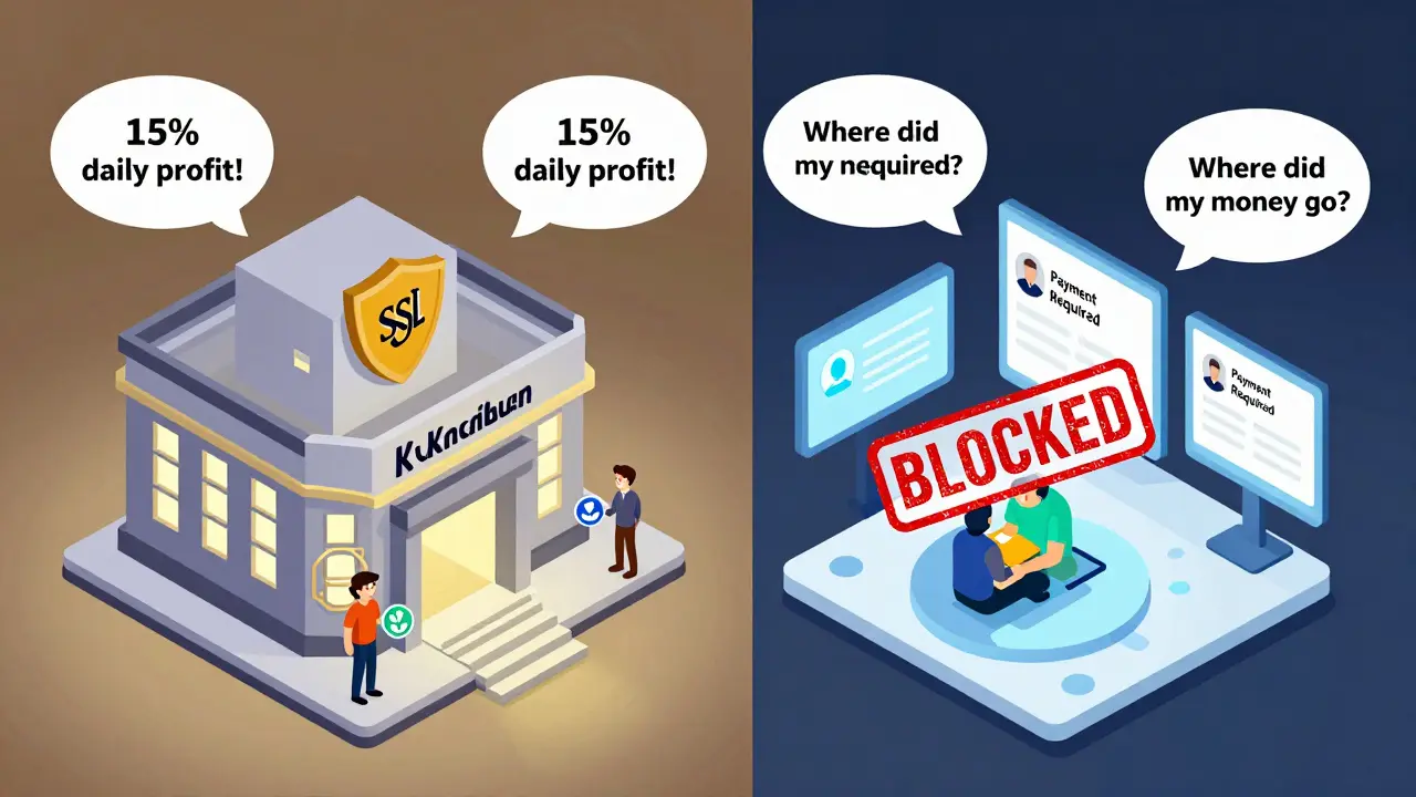 Сравнение легальной биржи и мошеннической платформы VB: слева — безопасный и светлый интерфейс, справа — разрушающийся сайт с надписью 'Оплата обязательна'.