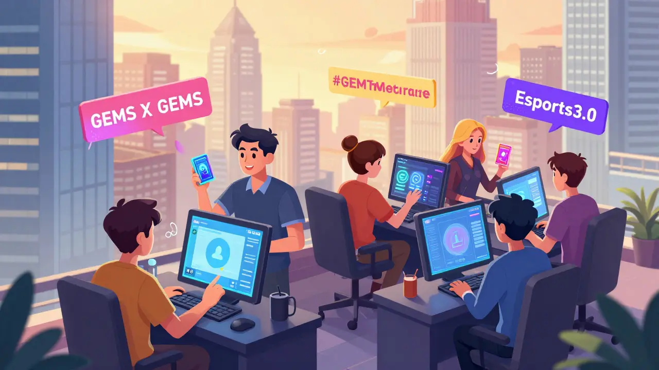 Живая сцена в азиатском городе: геймеры участвуют в раздаче NFT, лайкают и ретвитят посты с хэштегами #GEMS и #Esports3.0.