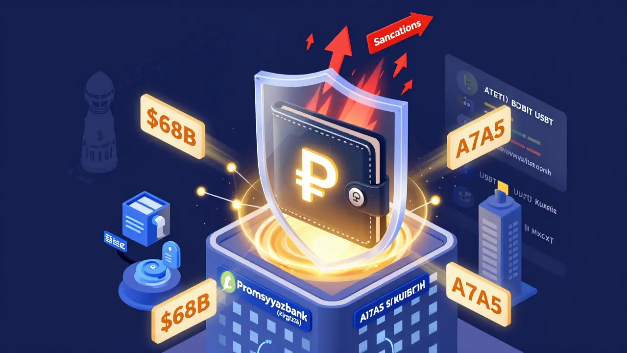 A7A5 стейблкоин в виде светящегося кошелька, защищённого от санкций, с потоками транзакций на  млрд вокруг него.