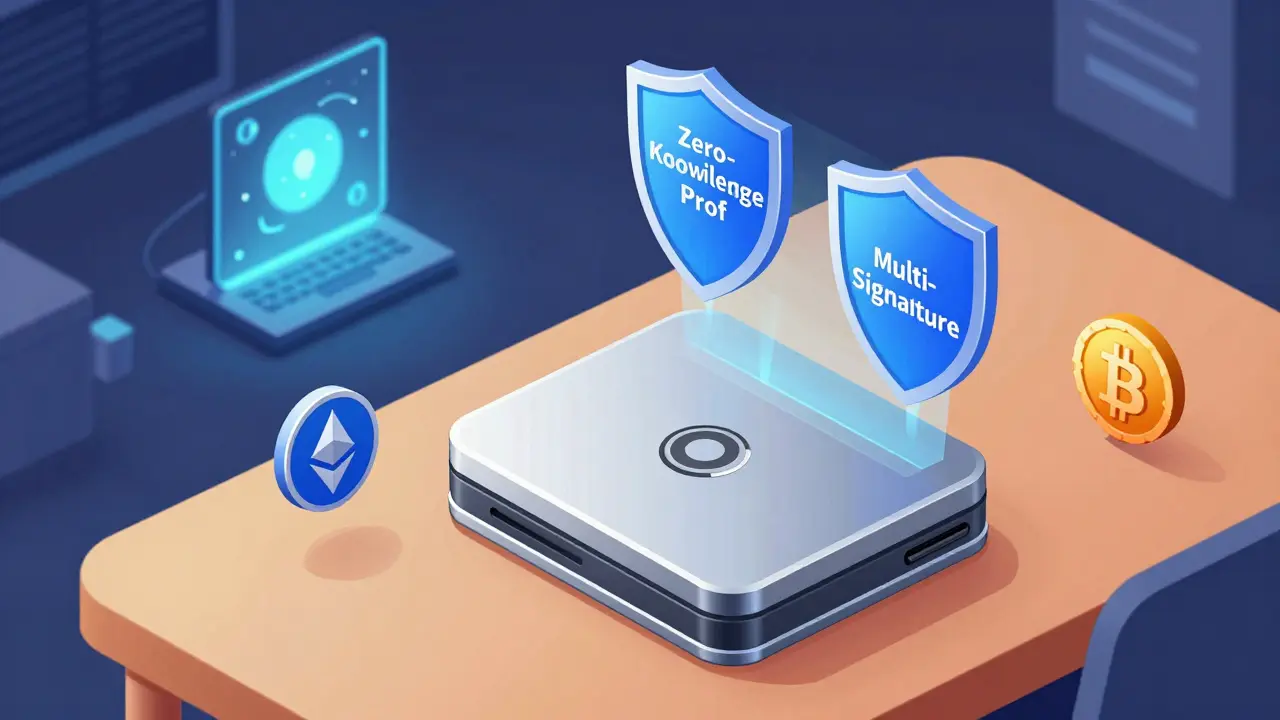 Аппаратный кошелёк защищён от квантового взлома с помощью технологий нулевого знания и мультиподписей.