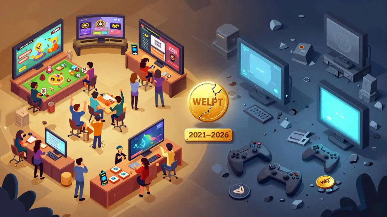 Два будущих сценария Fabwelt: цветущая экосистема игр слева и заброшенное кладбище NFT справа, с погибающим токеном WELT по центру.