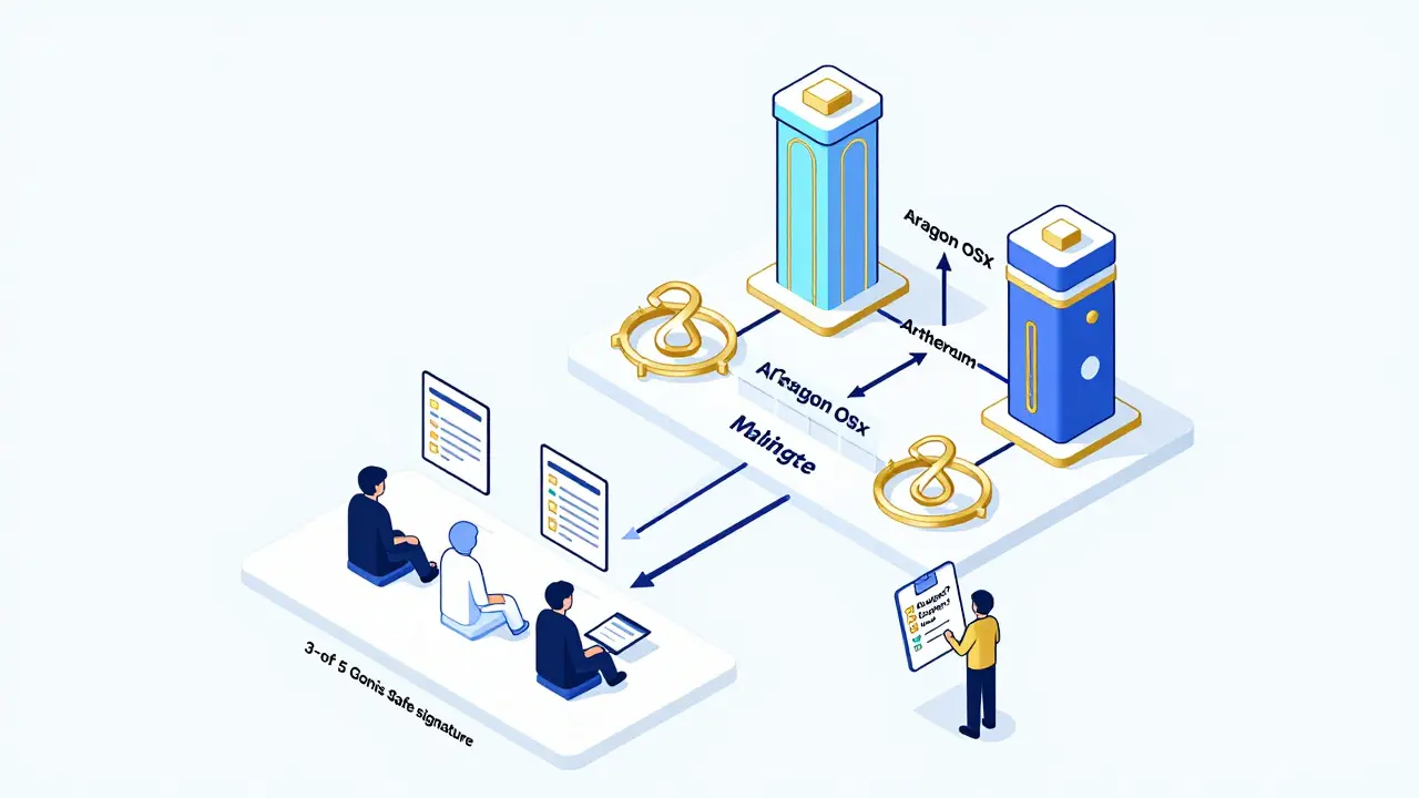 Эволюция DAO: от простой мультиподписи до сложной многоцепочечной системы с модулями голосования и ролей в изометрической иллюстрации.