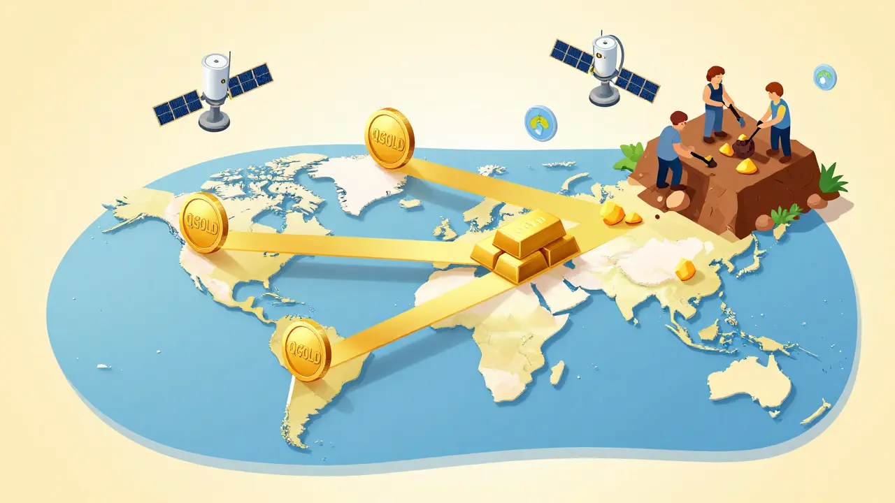 Глобальная карта с золотыми лучами, соединяющими города, и добычей золота с экологичными технологиями