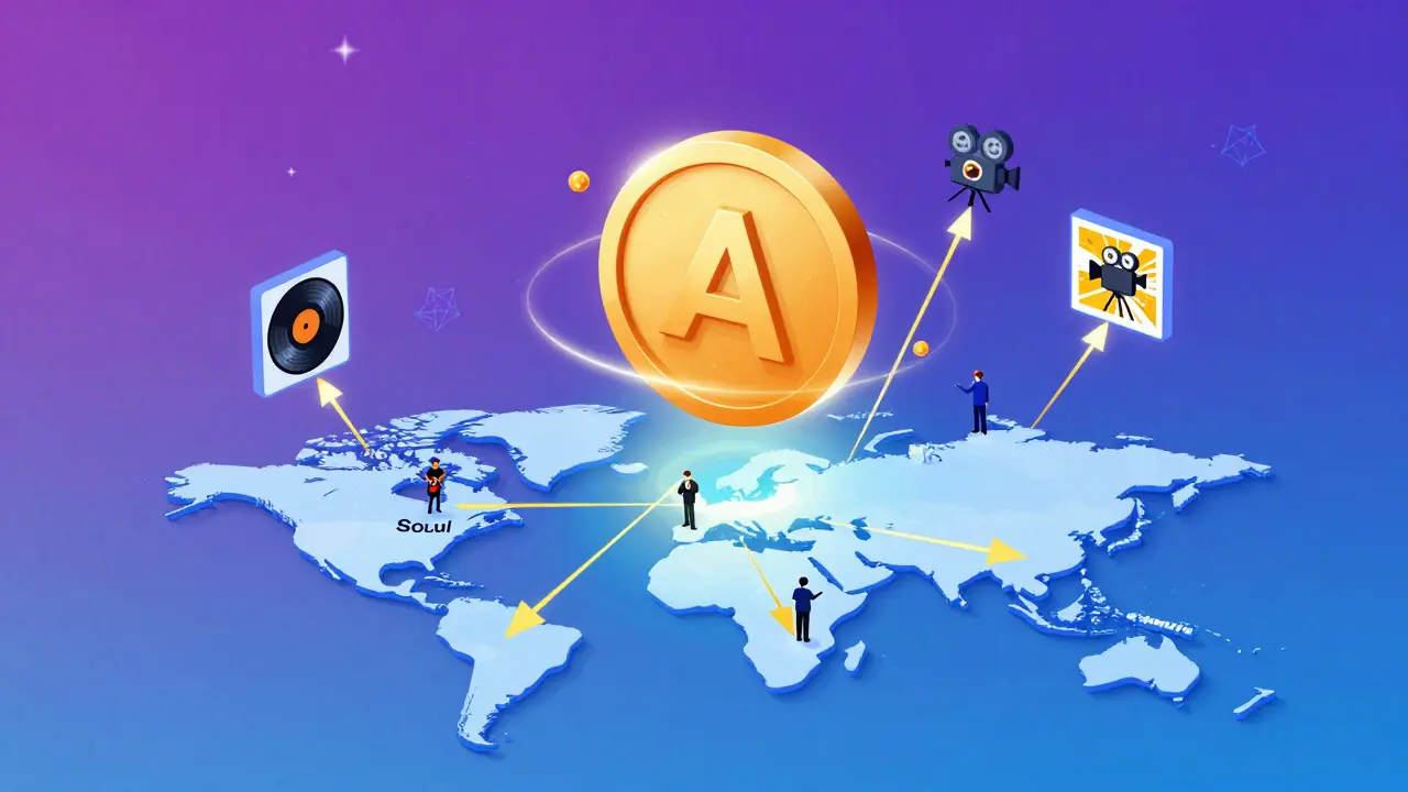 Глобальная сеть пользователей AQT, соединенных с токеном через цифровые активы в изометрической иллюстрации.