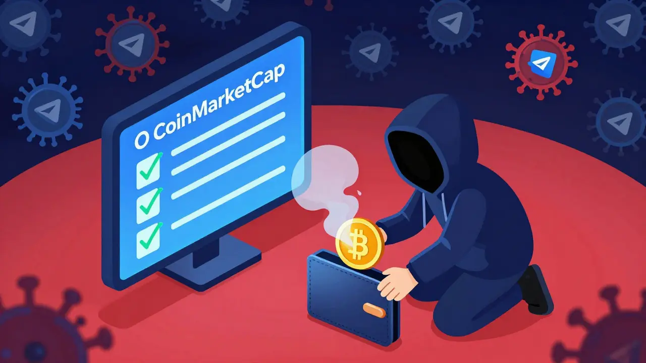Хакер крадёт криптовалюту из кошелька пользователя под ложным логотипом CoinMarketCap, фон заполнен фейковыми Telegram-каналами.