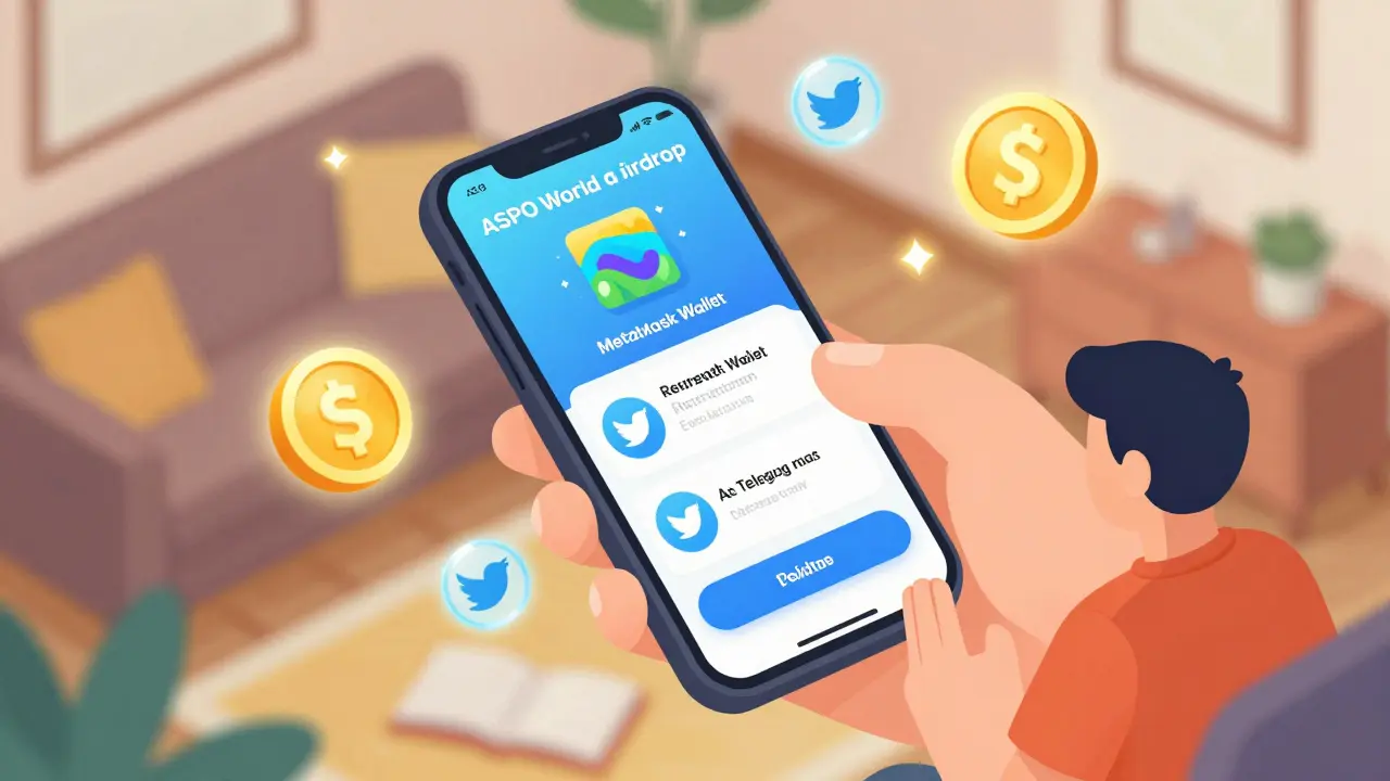 Игрок завершает шаги аирдропа ASPO World на телефоне: скачивает игру, подключает кошелек и подписывается на соцсети, вокруг — блокчейн-узлы и токены.