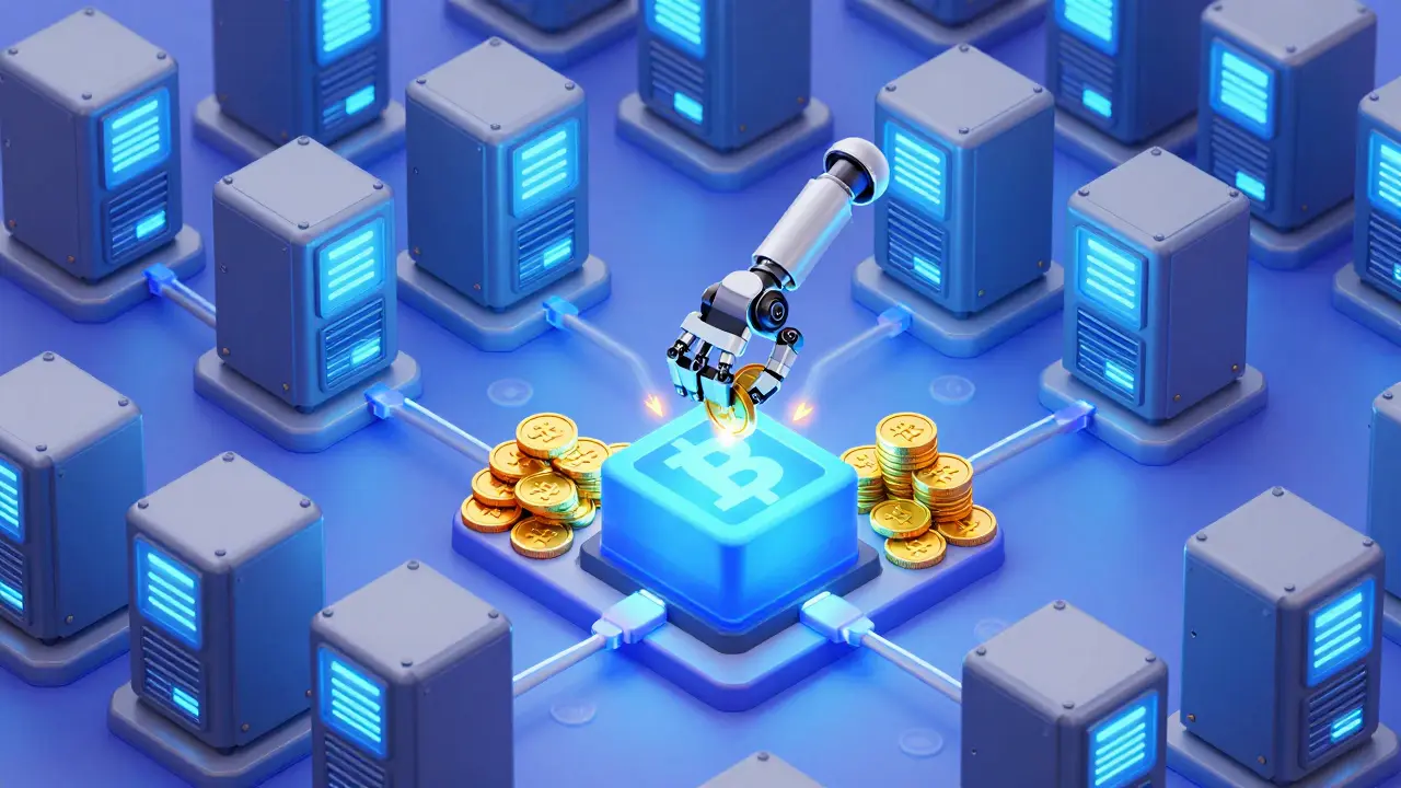 Иллюстрация майнинга биткоина с оборудованием и сокращением награды.