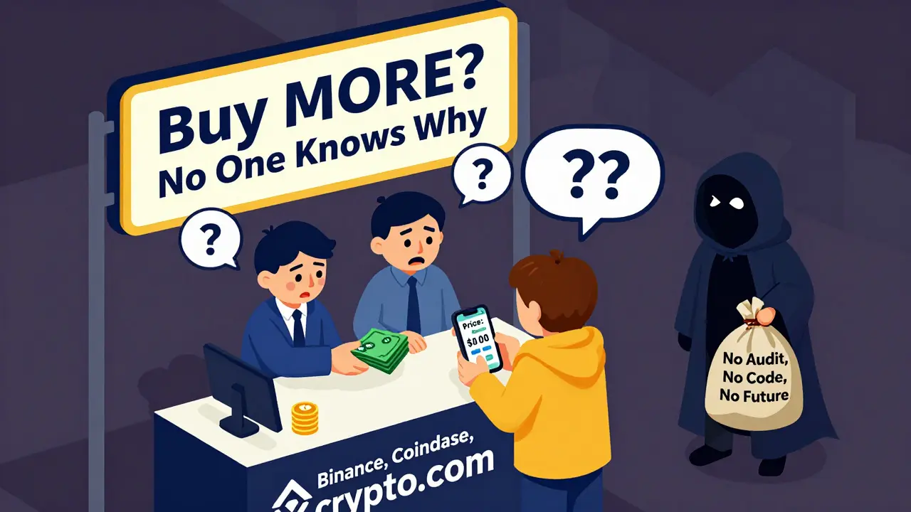 Иллюстрация рынка, где инвесторы торгуют токеном BuyMORE, а скрытая фигура держит мешок с надписью 'Нет аудита'.