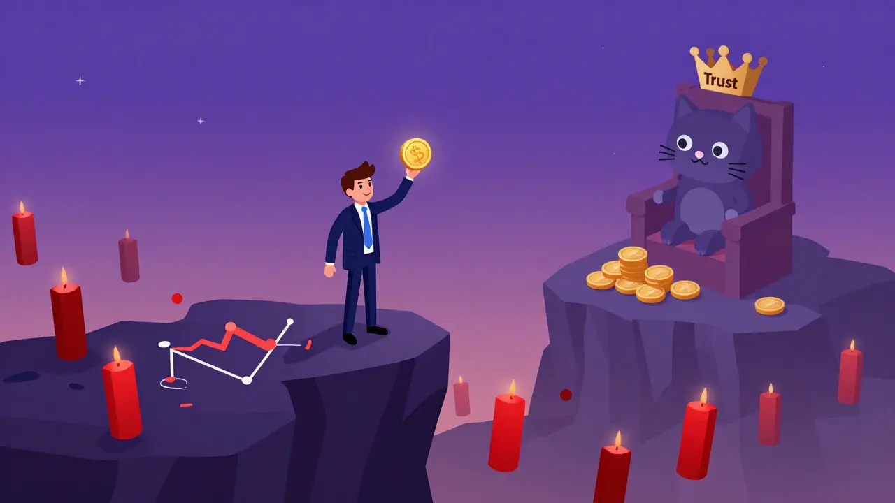 Инвестор поднимает токен FINE как флаг на краю обвала рынка, за ним — кот-король из сожженных монет.