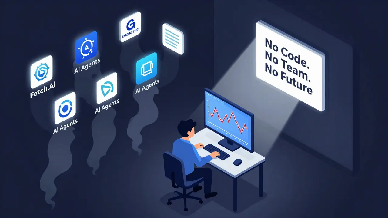 Изометрическая иллюстрация: инвестор с колеблющимся графиком MAMO, вдали — реальные AI-проекты с прозрачной структурой.