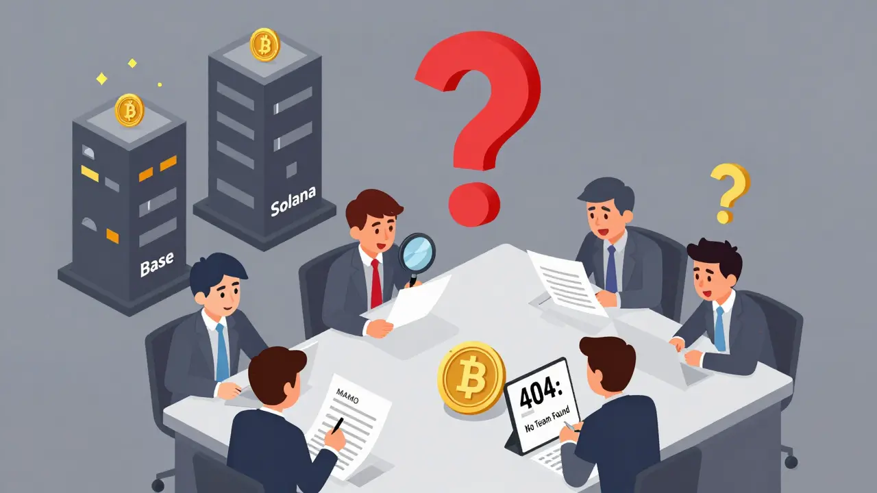 Изометрическая иллюстрация: криптовалютная биржа с трейдерами, пытающимися понять токен MAMO, окруженный вопросами и пустыми документами.