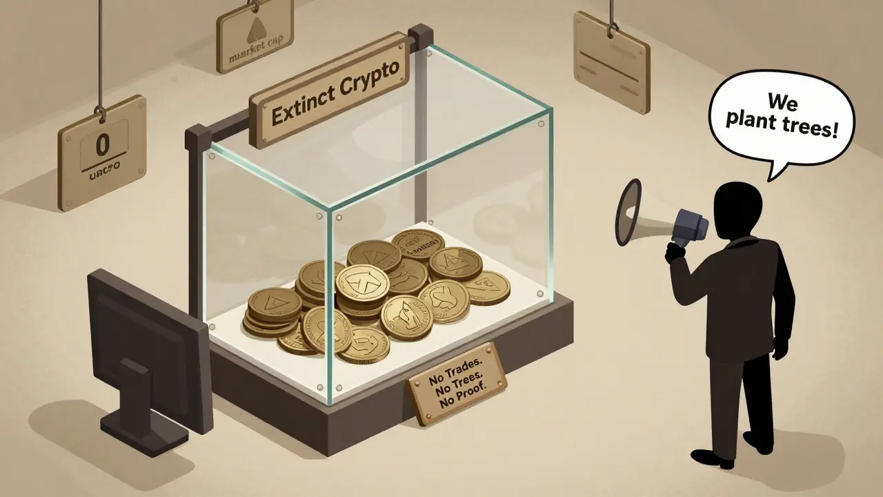 Изометрическая иллюстрация музейной экспозиции монеты CARBON с надписью 'Нет сделок. Нет деревьев. Нет доказательств.'