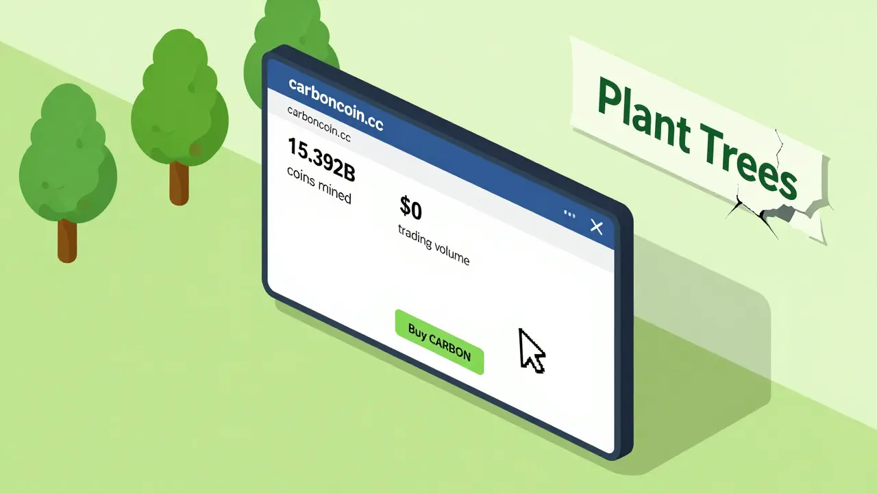 Изометрическая иллюстрация устаревшего сайта carboncoin.cc с нулевым объёмом торгов и пустыми деревьями в фоне.