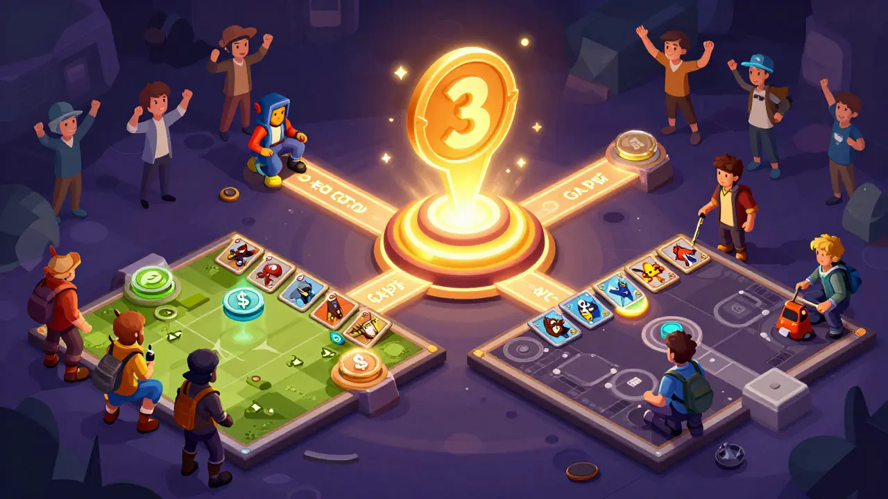 Изометрическая сцена экосистемы ASPO World: два пути — бесплатный и премиум-игроки, ведущие к светящемуся вознаграждению в 3 ETH.